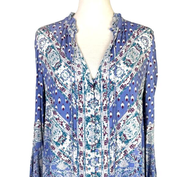 Free People Magic Mystery Sky Blue Print Long Flare Sleeve Boho Top - Picture 4 of 11